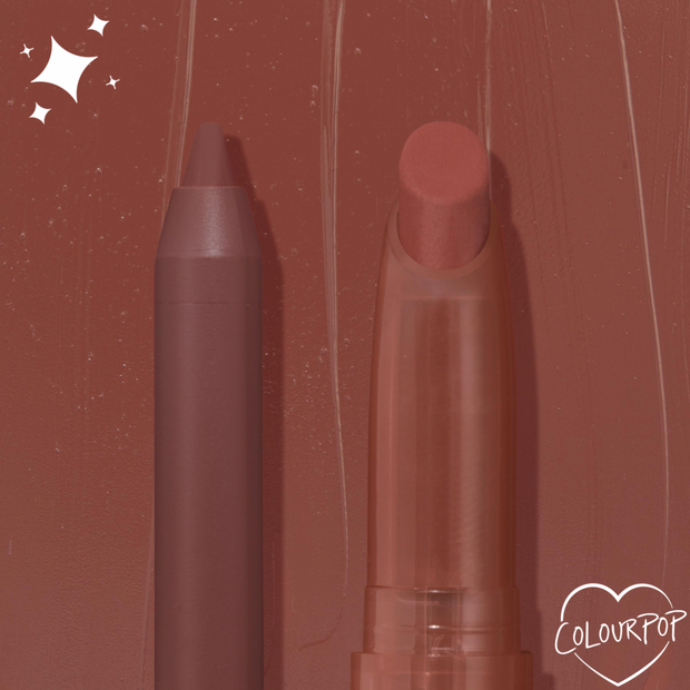 Grunge ColourPop Lippie Pencil standing beside a matching Lippie Stix, both in a creamy matte mauve-brown shade, set against a swatched brown backdrop with a small ColourPop heart logo.