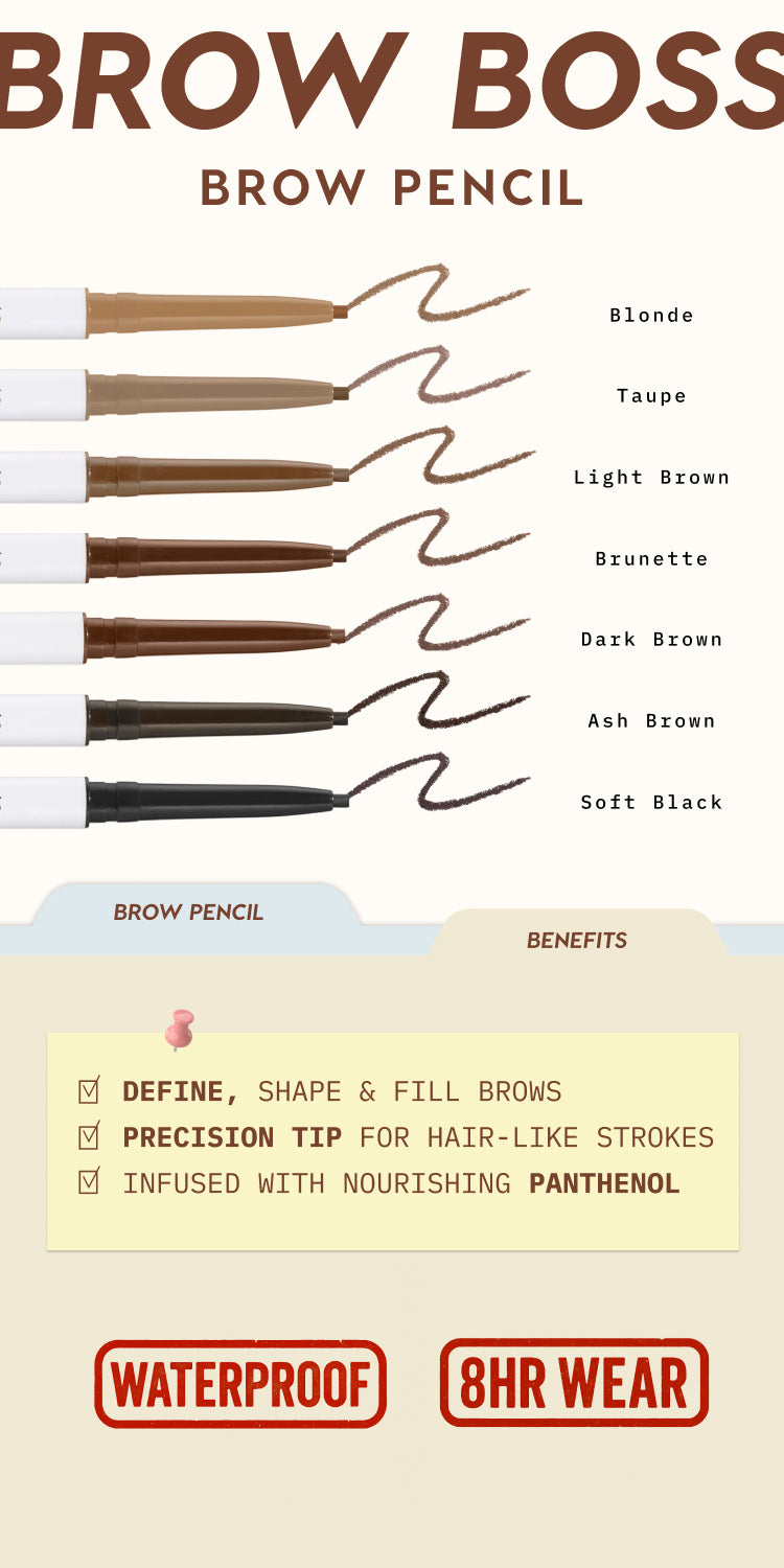 Brow Boss brow pencil lineup showing six retractable eyebrow pencils in Blonde, Taupe, Light Brown, Brunette, Dark Brown, Ash Brown and Soft Black shades, with swatches and text highlighting waterproof, 8‑hour wear, precision tip and panthenol benefits.