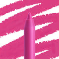 Heart On lippie pencil tip drawing vivid hot-pink strokes, ColourPop Lippie Pencil shown close-up with a matching magenta barrel and bold diagonal swatches on a white background.