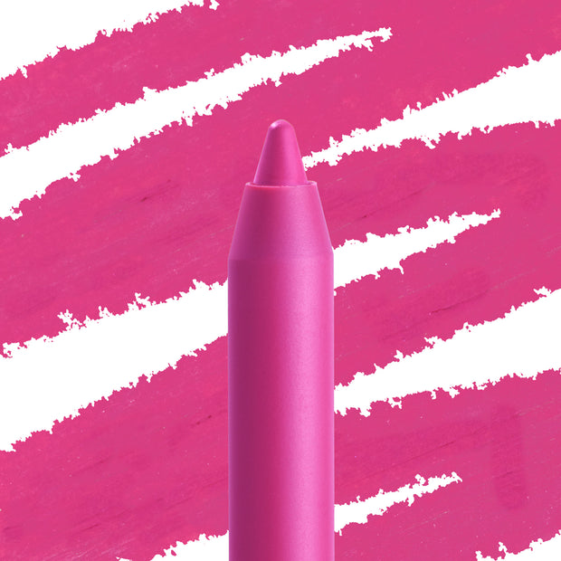 Heart On lippie pencil tip drawing vivid hot-pink strokes, ColourPop Lippie Pencil shown close-up with a matching magenta barrel and bold diagonal swatches on a white background.