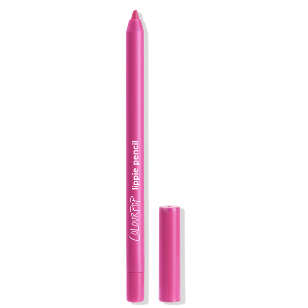 ColourPop Lippie Pencil in Heart On stands upright with the cap off, showing a sharpened vivid fuchsia tip and glossy hot‑pink barrel with white logo; cap rests beside on a clean white background for a crisp product shot.