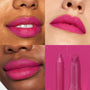 Heart Lips swatches - bold fuchsia satin - ColourPop Lippie Stix + Pencil Set lining and filling lips; three close-up lip looks across light to deep skin tones show smooth, full coverage, with the matching pencil and Lippie Stix on a pink backdrop.