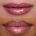 Close-up split screen of two models’ glossy pink lips wearing Heart to Get 2 Good 4 U Blush + UGL Set, showing shimmery, high-shine finish and color payoff on different skin tones against a neutral background.