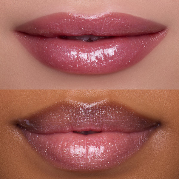 Close-up split screen of two models’ glossy pink lips wearing Heart to Get 2 Good 4 U Blush + UGL Set, showing shimmery, high-shine finish and color payoff on different skin tones against a neutral background.