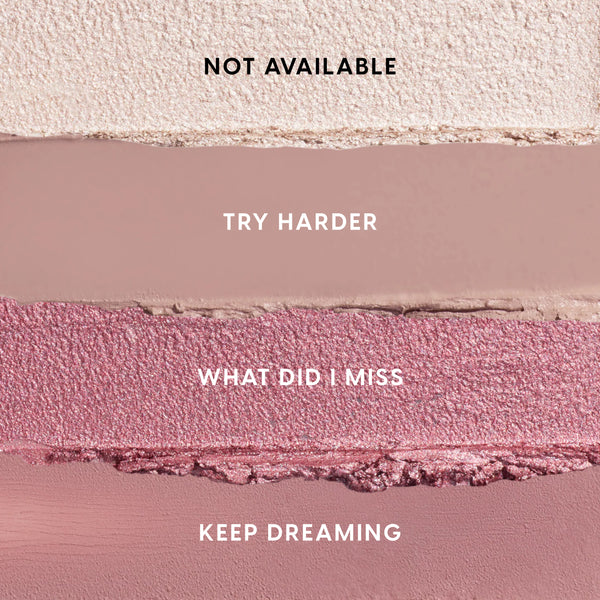 Four horizontal swatches of Heart to Get All Eyes On Me Shadow Stix Set show shades labeled Not Available (pale cream), Try Harder (matte mauve), What Did I Miss (shimmery rose), and Keep Dreaming (matte dusty pink) against a flat backdrop.