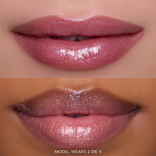Close-up split image of two models’ lips wearing Gloss Me Up ultra glossy lip set in shade 2 Die 4 from the Heart to Get collection, showing high-shine, shimmery pink gloss on different skin tones against a soft-focus background.