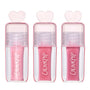 Three ColourPop Gloss Me Up ultra glossy lip set tubes from the Heart to Get collection standing upright, each in a clear pink case with heart-shaped cap and varying pink gloss shades on a clean white background.