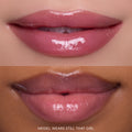 Close-up split-screen of two models’ lips wearing Gloss Me Up ultra glossy lip set in shade Still That Girl, showing high-shine, sheer pink Heart to Get gloss finish on different skin tones against a clean studio background.