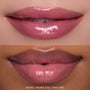 Close-up split-screen of two models’ lips wearing Gloss Me Up ultra glossy lip set in shade Still That Girl, showing high-shine, sheer pink Heart to Get gloss finish on different skin tones against a clean studio background.