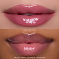 Close-up split-screen of two models’ lips wearing Gloss Me Up ultra glossy lip set in shade Your New Obsession, showing high-shine pink finish from Heart to Get on different skin tones against a neutral studio background.