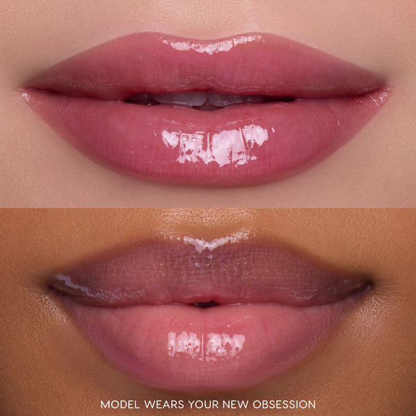 Close-up split-screen of two models’ lips wearing Gloss Me Up ultra glossy lip set in shade Your New Obsession, showing high-shine pink finish from Heart to Get on different skin tones against a neutral studio background.