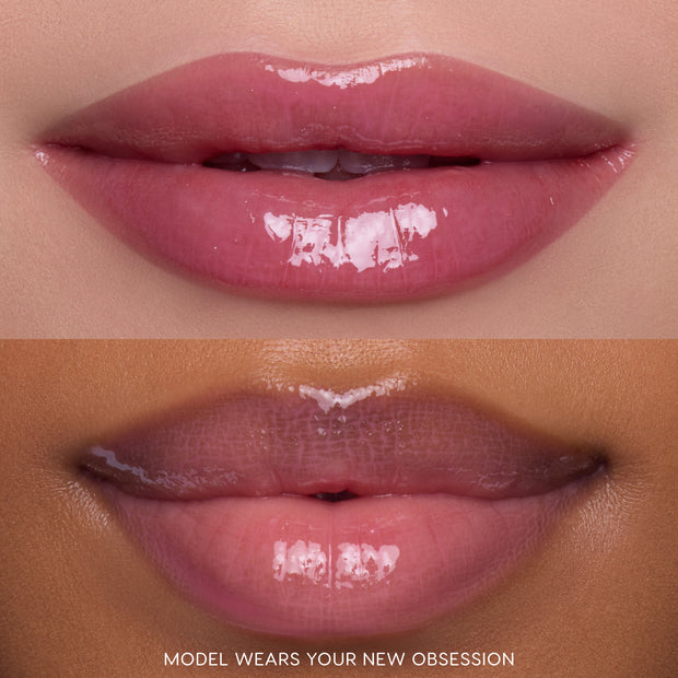 Close-up split-screen of two models’ lips wearing Gloss Me Up ultra glossy lip set in shade Your New Obsession, showing high-shine pink finish from Heart to Get on different skin tones against a neutral studio background.