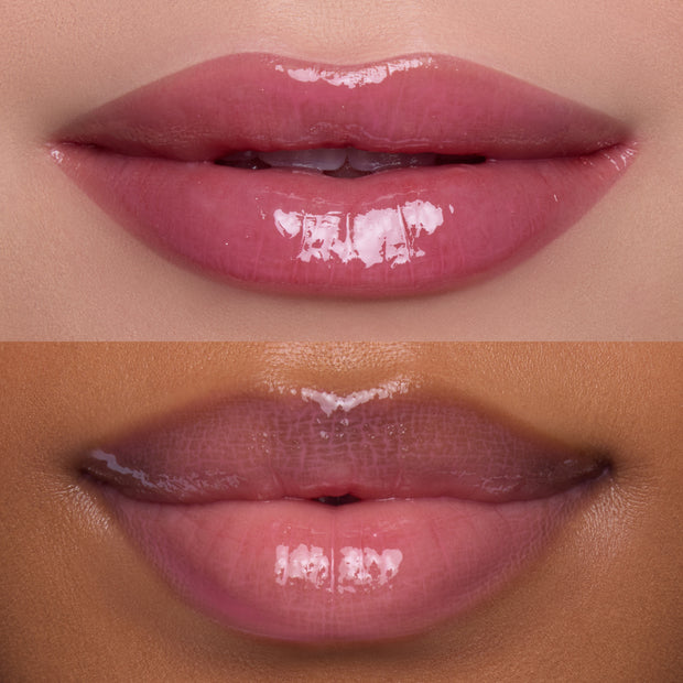Close-up split-screen of two models wearing Heart to Get Sorry Not Sorry blush + UGL set, showing glossy, sheer pink lips on different skin tones to highlight the product’s natural, high-shine finish.
