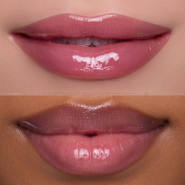 Two close-up shots of glossy, pink lips wearing the Heart to Get Text Me, JK blush + UGL set, showing how the sheer, high-shine lip color flatters different skin tones in a beauty product grid for US makeup shoppers.