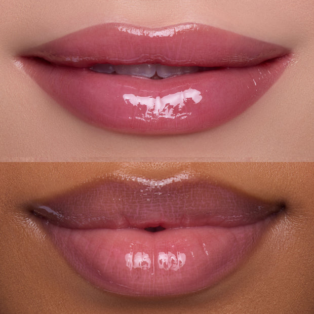Two close-up shots of glossy, pink lips wearing the Heart to Get Text Me, JK blush + UGL set, showing how the sheer, high-shine lip color flatters different skin tones in a beauty product grid for US makeup shoppers.