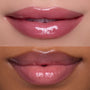 Two close-up shots of glossy, pink lips wearing the Heart to Get Text Me, JK blush + UGL set, showing how the sheer, high-shine lip color flatters different skin tones in a beauty product grid for US makeup shoppers.