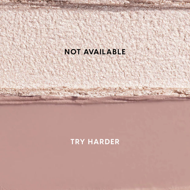 Two Heart to Get For Your Eyes Only Shadow Stix swatches laid side by side, showing a shimmery champagne shade labeled NOT AVAILABLE above a matte mauve shade labeled TRY HARDER on a clean studio background.