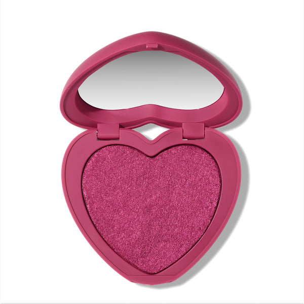 Heart to Get Cuter than Cupid Super Shock Blush compact showing a shimmery hot pink heart-shaped blush pan inside a matching heart case with mirror, styled on a clean white background for US makeup lovers