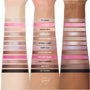 Heart to Get Full Collection swatched on three arms of different skin tones, showing the full collection set of pink, nude, brown, shimmer, and black shades labeled from 99% Angel to Get the Hint for Heart to Get makeup buyers.