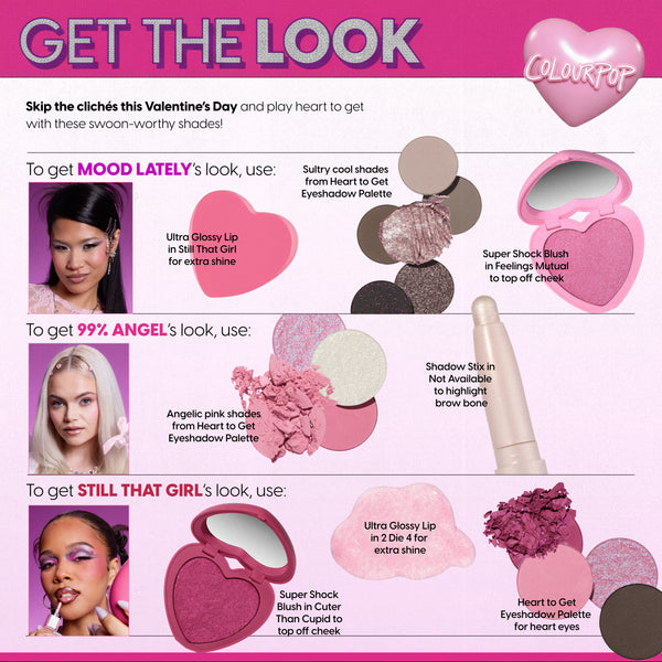 Heart to Get Full Collection infographic showcasing three Valentine’s Day makeup looks using ColourPop Heart to Get eyeshadow palette, Super Shock Blush, Ultra Glossy Lip, and Shadow Stix, arranged in heart-shaped pink packaging on a bold pink background.