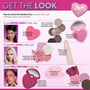 Heart to Get Full Collection infographic showcasing three Valentine’s Day makeup looks using ColourPop Heart to Get eyeshadow palette, Super Shock Blush, Ultra Glossy Lip, and Shadow Stix, arranged in heart-shaped pink packaging on a bold pink background.