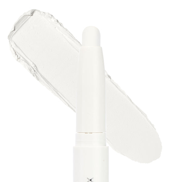Hey Boo Shadow Stix glides a creamy matte white eyeshadow swatch on a white backdrop, showing the twist-up crayon tip and smooth texture; ColourPop Shadow Stix ideal for brightening lids, highlighting, or priming.