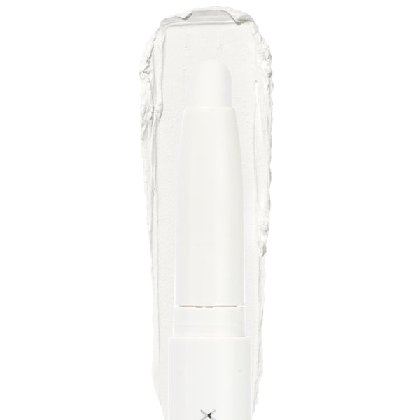 ColourPop Shadow Stix Hey Boo twist-up eyeshadow crayon in bright white, tip extended with a thick creamy swatch behind it on a clean white background.