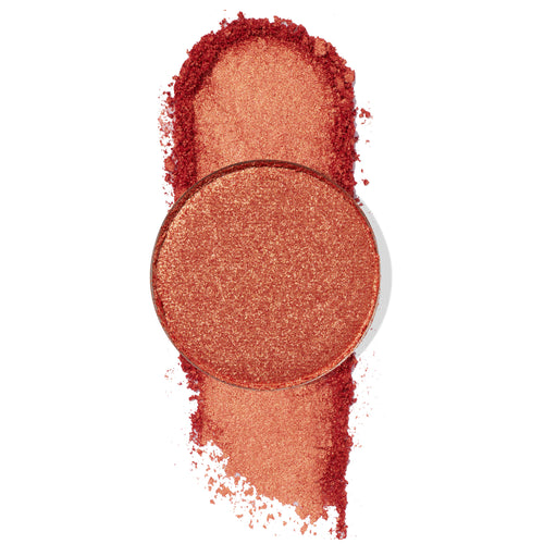 High Society pressed powder shadow pan gleams in metallic copper-red with gold shimmer, swatched in a crushed streak on a white background, highlighting the sparkly payoff of the ColourPop Pressed Powder Shadow.