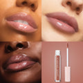 ColourPop Ultra Glossy Lip in Hit Snooze slicks a high-shine neutral rosy-nude on three sets of lips across light, medium, and deep skin tones, with the gloss tube and doe-foot applicator - pink cap with white stars - on a mauve backdrop.