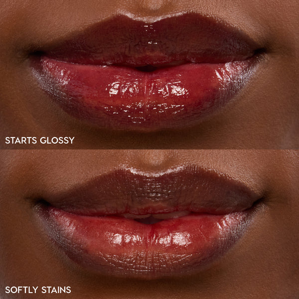 Lips wearing ColourPop Lip Stain in Blueberry Marg, shown in two finishes: top glossy and bottom stain, a deep berry-red that shines then softens to a diffused tint; close-up product swatch on a model’s lips.