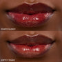 Lips wearing ColourPop Lip Stain in Blueberry Marg, shown in two finishes: top glossy and bottom stain, a deep berry-red that shines then softens to a diffused tint; close-up product swatch on a model’s lips.