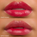 Lips wearing ColourPop Lip Stain in A Little Dramatic, split view showing finishes: top glossy high-shine coat, bottom soft stained tint in vivid berry pink, close-up swatch highlighting hydrating, long-wear lip color.