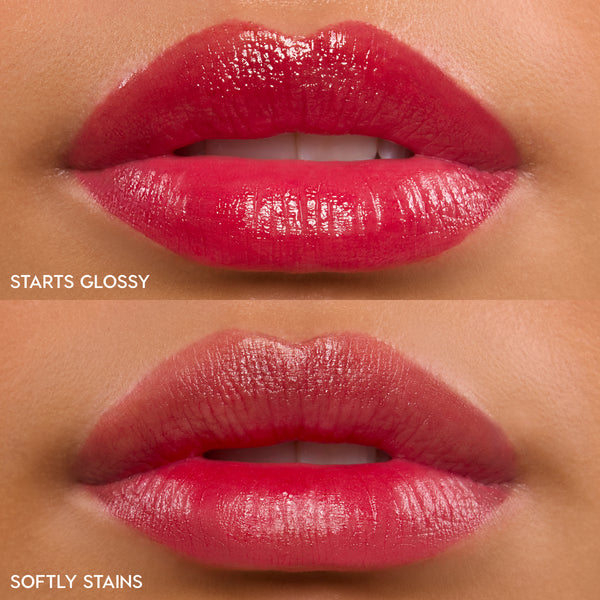 Lips wearing ColourPop Lip Stain in A Little Dramatic, split view showing finishes: top glossy high-shine coat, bottom soft stained tint in vivid berry pink, close-up swatch highlighting hydrating, long-wear lip color.