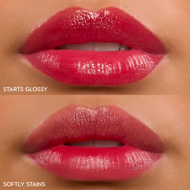 Lips wearing ColourPop Lip Stain in A Little Dramatic, split view showing finishes: top glossy high-shine coat, bottom soft stained tint in vivid berry pink, close-up swatch highlighting hydrating, long-wear lip color.
