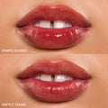 Baby Fox ColourPop Lip Stain swatched on lips - top shows glossy application with high shine, bottom shows the lasting stain - a sheer warm rosy-red tint in a close-up studio shot, showing a before-and-after finish comparison.
