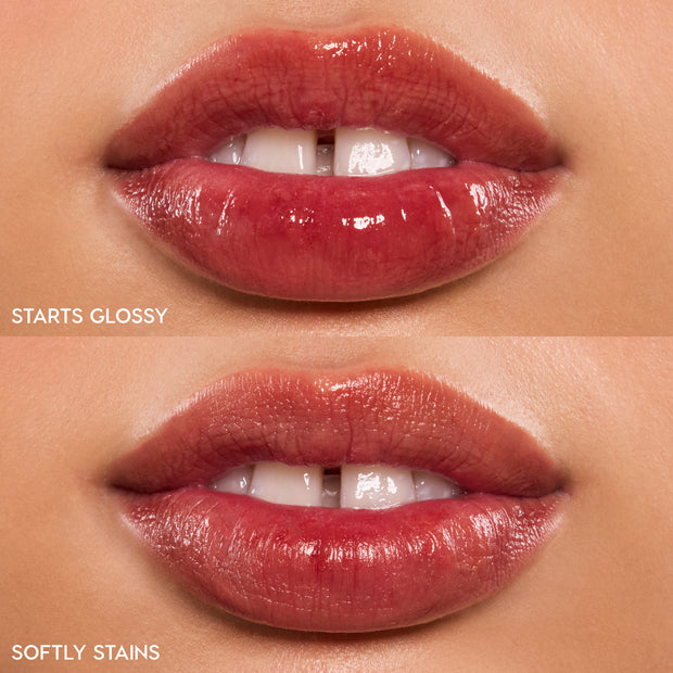Baby Fox ColourPop Lip Stain swatched on lips - top shows glossy application with high shine, bottom shows the lasting stain - a sheer warm rosy-red tint in a close-up studio shot, showing a before-and-after finish comparison.