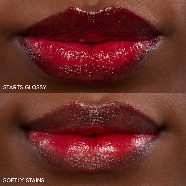 Fruit Punch ColourPop Lip Stain coating lips in a split macro swatch - top labeled Glossy shows a full-coverage, high-shine red, while bottom labeled Stain shows a sheer cherry tint after wear, highlighting shade payoff and finish comparison.