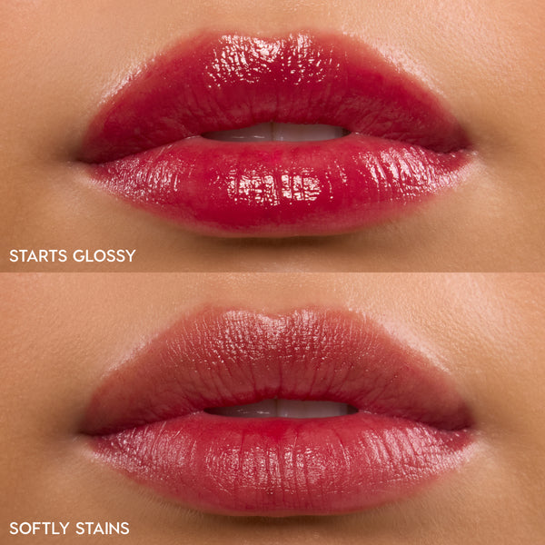 Close-up lips showcasing ColourPop Lip Stain in Juice Box, first with a high-shine glossy coat and below as a soft, diffused stain, revealing a vibrant raspberry-pink tint and long-wear payoff on smooth, hydrated lips.