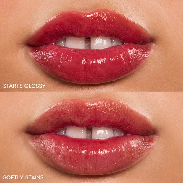 Close-up lips wearing Mantra ColourPop Lip Stain, showing two finishes: top displays a glossy, high-shine berry-rose color, while bottom shows a softer stained tint, illustrating pigment payoff and sheen on natural skin.