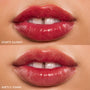 Close-up lips wearing Mantra ColourPop Lip Stain, showing two finishes: top displays a glossy, high-shine berry-rose color, while bottom shows a softer stained tint, illustrating pigment payoff and sheen on natural skin.