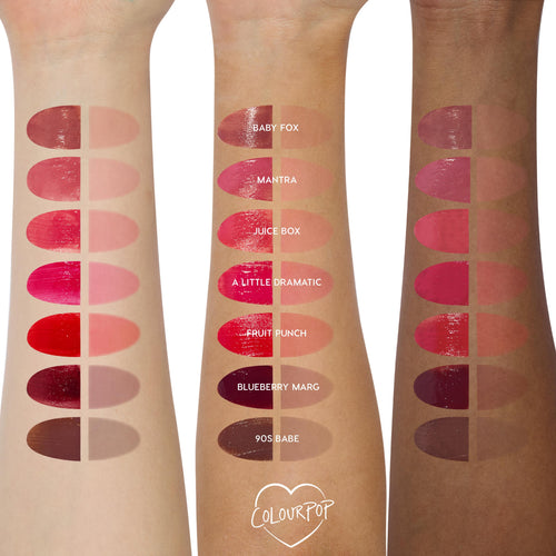 Colourpop Very Berry lip stain swatched on three skin tones, showing glossy berry-red pigmentation and coverage alongside other HydraPop Lipstick & Lip Stains shades on forearms against a white background.