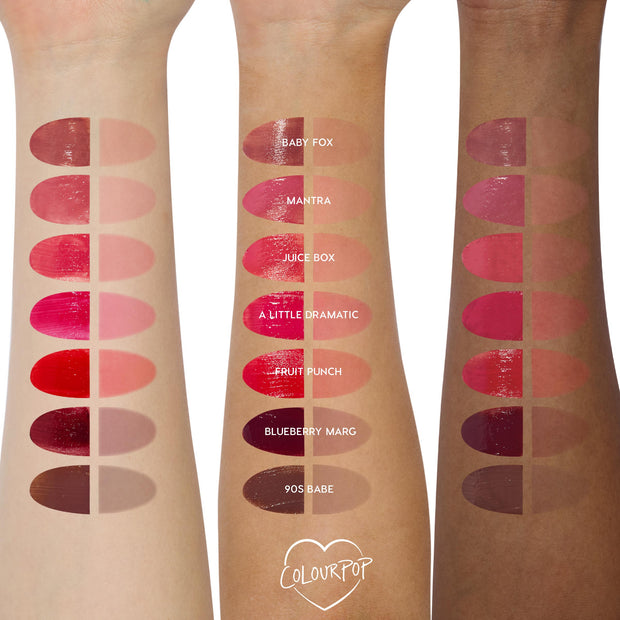 Colourpop Very Berry lip stain swatched on three skin tones, showing glossy berry-red pigmentation and coverage alongside other HydraPop Lipstick & Lip Stains shades on forearms against a white background.