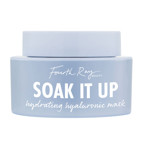 Periwinkle-blue jar showcases Fourth Ray Beauty Soak It Up Hydrating Hyaluronic Mask, a ColourPop Face Mask, with bold white lettering on a matte container centered against a clean white background.