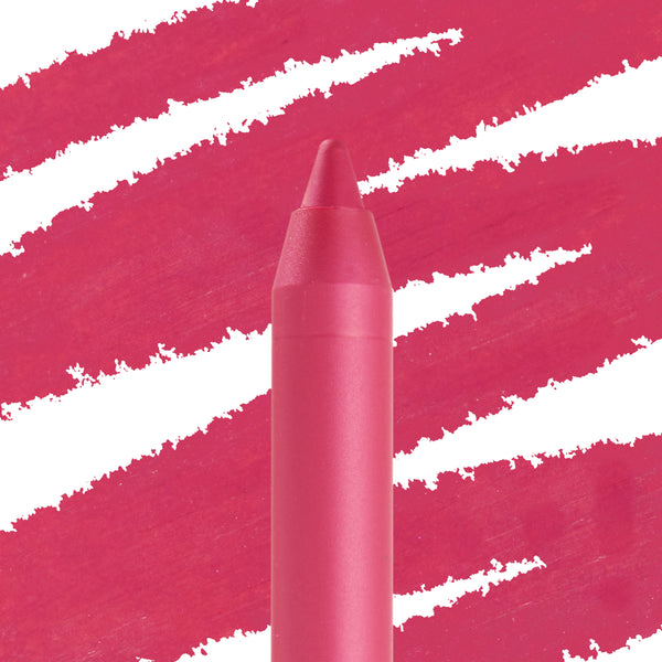 ColourPop Lippie Pencil in I Heart This, sharpened tip standing upright against bold fuchsia swatch streaks, showcasing the vivid pink lip liner for precise definition.