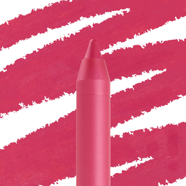 ColourPop Lippie Pencil in I Heart This, sharpened tip standing upright against bold fuchsia swatch streaks, showcasing the vivid pink lip liner for precise definition.