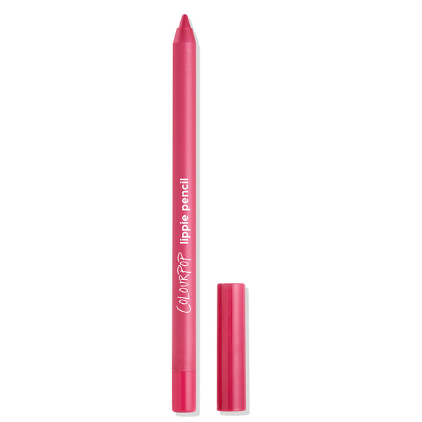 ColourPop Lippie Pencil in I Heart This stands uncapped, showing a sharp fuchsia tip and matching pink barrel with white branding, cap set beside it on a white background.