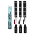ColourPop Graphix Ink Liner I Know What You Are bundle shows three liquid liners with fine brush tips and swatches - shimmering burgundy, midnight navy, and deep teal - set beside Twilight forest-print packaging and sleek black barrels.