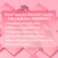 ColourPop Cream Blush Whole Mood compact highlights Instant Crush benefits - nourishing soft-focus color, natural matte finish, weightless cream, semi-sheer buildable coverage, blends effortlessly, non-greasy - in a pink flat lay of open and closed pans.