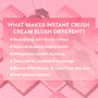 ColourPop Cream Blush Whole Mood compact highlights Instant Crush benefits - nourishing soft-focus color, natural matte finish, weightless cream, semi-sheer buildable coverage, blends effortlessly, non-greasy - in a pink flat lay of open and closed pans.