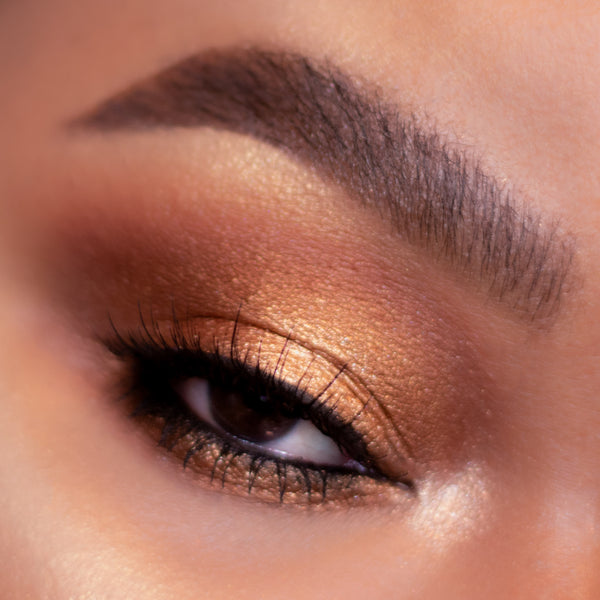 Closed eye wearing Nude Mood Shadow Palette shades, blending warm bronze, copper, and champagne shimmer with inner-corner highlight and defined lashes, showcasing a neutral glam look from the ColourPop Shadow Palette.